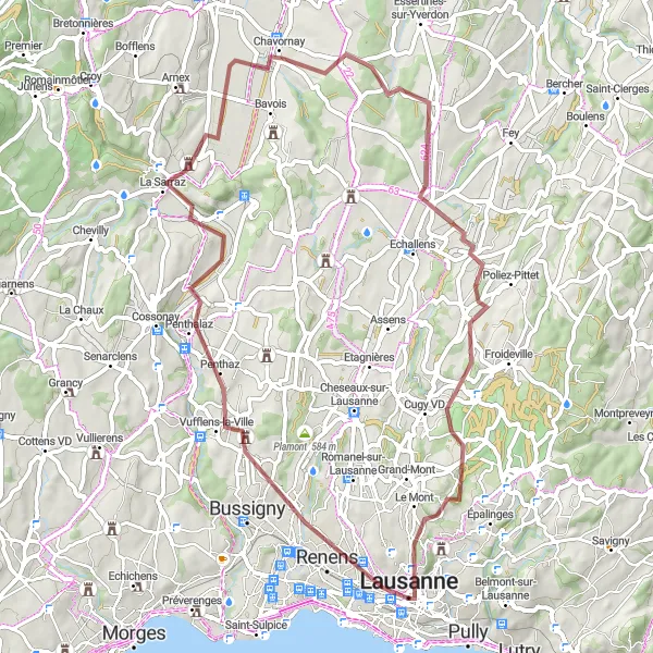 Kartminiatyr av "Rhône-Rhin Watershed Gravel Ride" sykkelinspirasjon i Région lémanique, Switzerland. Generert av Tarmacs.app sykkelrutoplanlegger