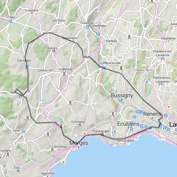 Miniatura della mappa di ispirazione al ciclismo "Giro in bicicletta da Lausanne a Renens e ritorno" nella regione di Région lémanique, Switzerland. Generata da Tarmacs.app, pianificatore di rotte ciclistiche