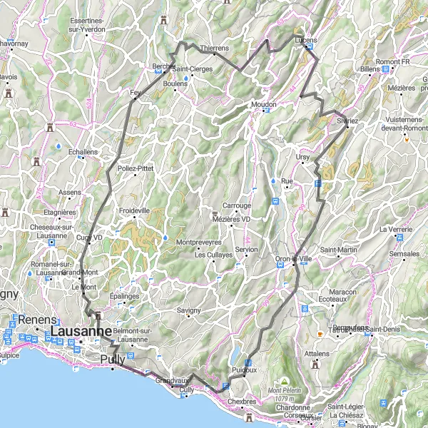 Miniatura della mappa di ispirazione al ciclismo "Giro in bicicletta da Lausanne a Pully, Bercher e oltre" nella regione di Région lémanique, Switzerland. Generata da Tarmacs.app, pianificatore di rotte ciclistiche