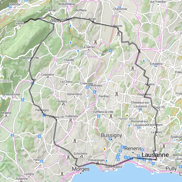 Map miniature of "Lausanne - Echichens loop" cycling inspiration in Région lémanique, Switzerland. Generated by Tarmacs.app cycling route planner