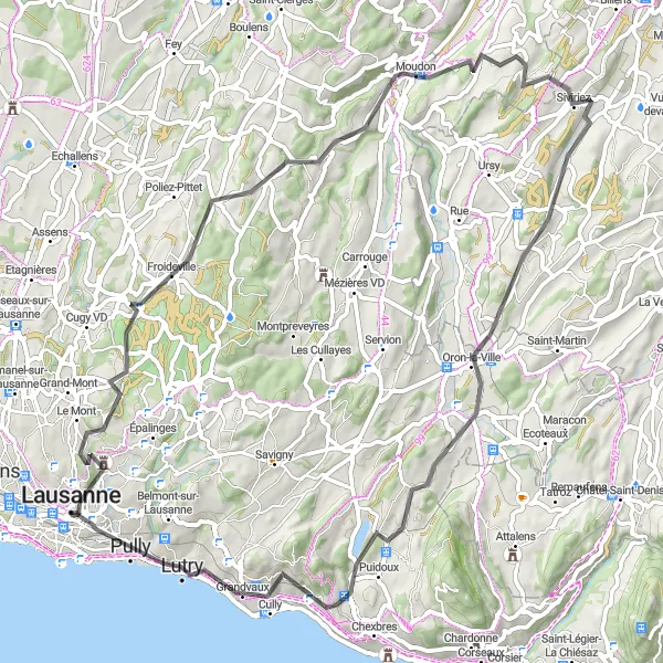 Map miniature of "Scenic road cycling tour near Lausanne" cycling inspiration in Région lémanique, Switzerland. Generated by Tarmacs.app cycling route planner