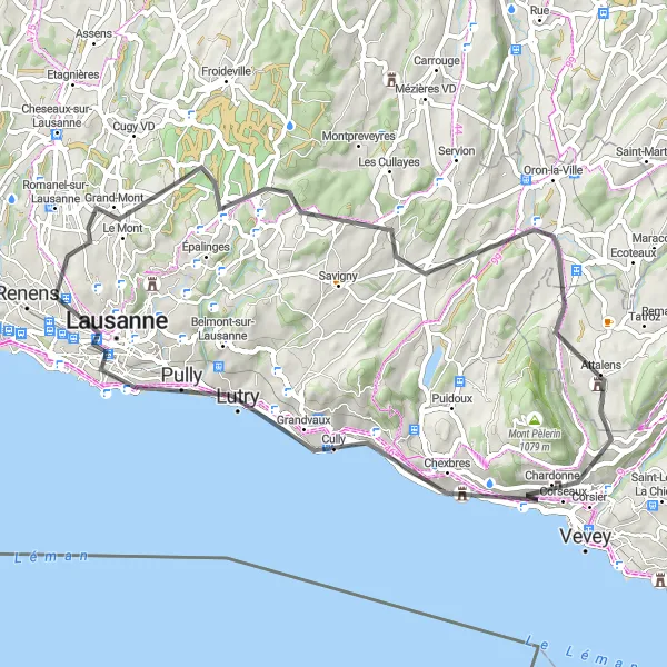 Miniaturekort af cykelinspirationen "Rute gennem Les Tavernes og Lausanne" i Région lémanique, Switzerland. Genereret af Tarmacs.app cykelruteplanlægger