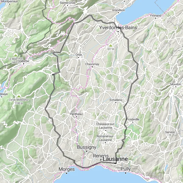 Karten-Miniaturansicht der Radinspiration "Historische Erkundungstour nach Yverdon-les-Bains" in Région lémanique, Switzerland. Erstellt vom Tarmacs.app-Routenplaner für Radtouren