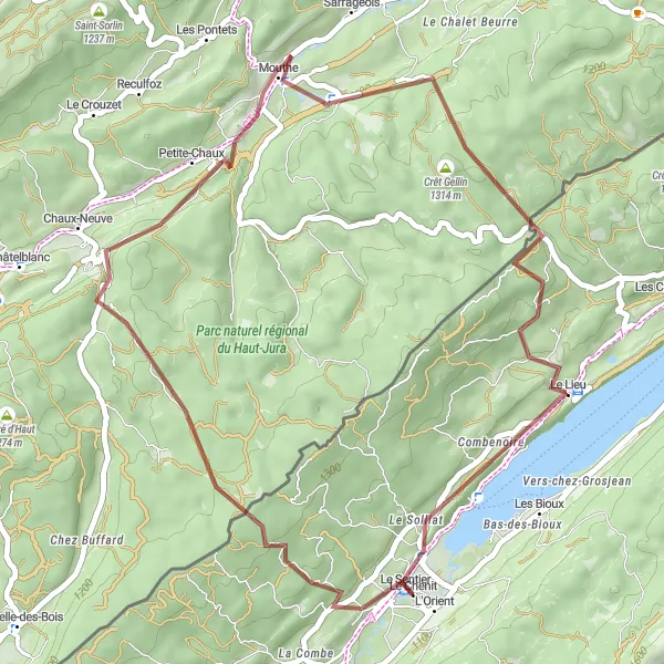 Map miniature of "Jura Gravel Retreat" cycling inspiration in Région lémanique, Switzerland. Generated by Tarmacs.app cycling route planner