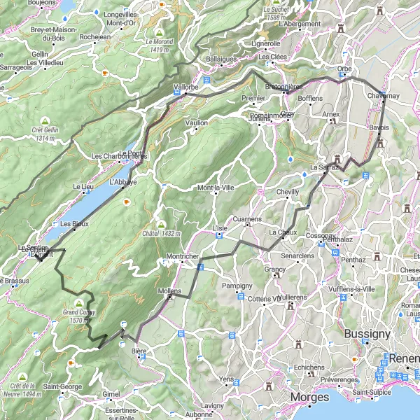 Map miniature of "The Vaulion Challenge" cycling inspiration in Région lémanique, Switzerland. Generated by Tarmacs.app cycling route planner