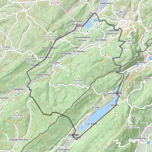 Map miniature of "The Jura Lake Challenge" cycling inspiration in Région lémanique, Switzerland. Generated by Tarmacs.app cycling route planner