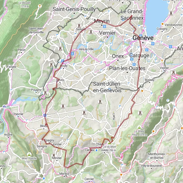 Kartminiatyr av "Äventyrlig Grusväg till Valleiry" cykelinspiration i Région lémanique, Switzerland. Genererad av Tarmacs.app cykelruttplanerare