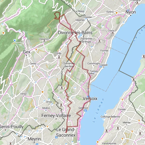 Mapa miniatúra "Kolo cez Chavannes-des-Bois a Divonne-les-Bains" cyklistická inšpirácia v Région lémanique, Switzerland. Vygenerované cyklistickým plánovačom trás Tarmacs.app