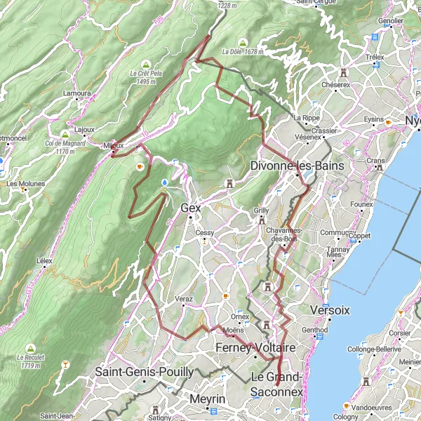 Miniature de la carte de l'inspiration cycliste "Escapade dans les Bois - Aventure sur chemins de terre" dans la Région lémanique, Switzerland. Générée par le planificateur d'itinéraire cycliste Tarmacs.app