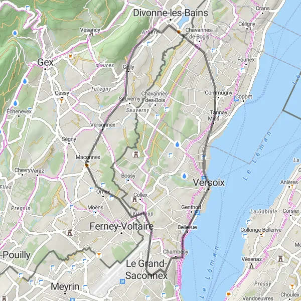 Kartminiatyr av "Ornex till Lake Geneva Overlook Cykeltur" cykelinspiration i Région lémanique, Switzerland. Genererad av Tarmacs.app cykelruttplanerare