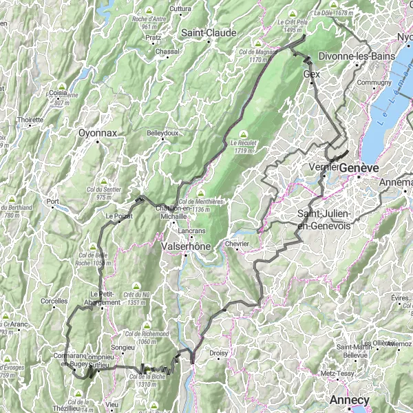 Zemljevid v pomanjšavi "Velike gore in panoramske poti" kolesarske inspiracije v Région lémanique, Switzerland. Generirano z načrtovalcem kolesarskih poti Tarmacs.app