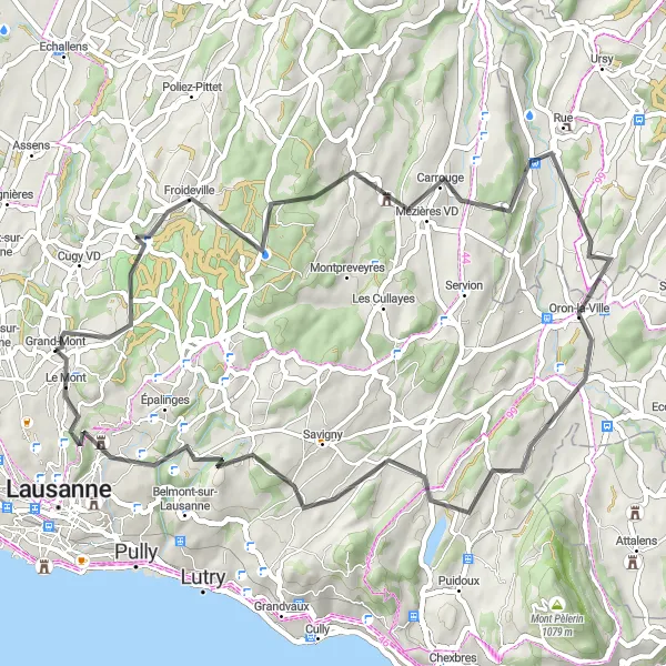 Zemljevid v pomanjšavi "Ruralna cestna tura Corcelles-le-Jorat" kolesarske inspiracije v Région lémanique, Switzerland. Generirano z načrtovalcem kolesarskih poti Tarmacs.app