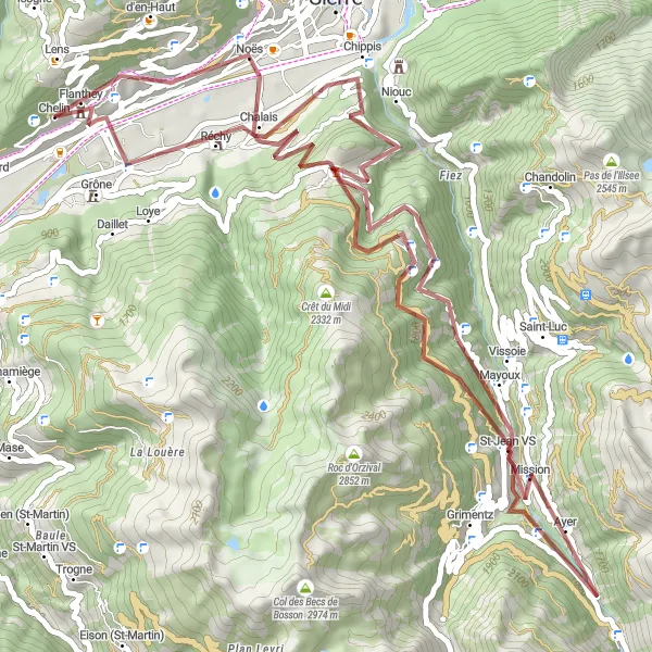Map miniature of "Lens to Le Châtelard Gravel Route" cycling inspiration in Région lémanique, Switzerland. Generated by Tarmacs.app cycling route planner