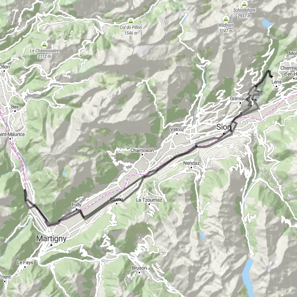 Miniatua del mapa de inspiración ciclista "Ruta Panorámica de Valère a Icogne" en Région lémanique, Switzerland. Generado por Tarmacs.app planificador de rutas ciclistas