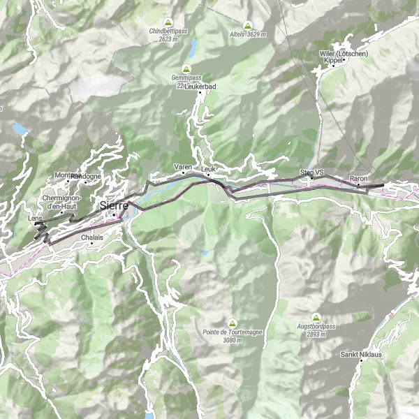 Mapa miniatúra "Okruh Sierre-Lens" cyklistická inšpirácia v Région lémanique, Switzerland. Vygenerované cyklistickým plánovačom trás Tarmacs.app