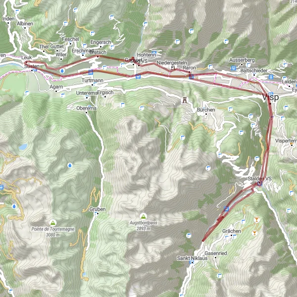 Map miniature of "Leuk Turtmann Gravel Cycling Route" cycling inspiration in Région lémanique, Switzerland. Generated by Tarmacs.app cycling route planner