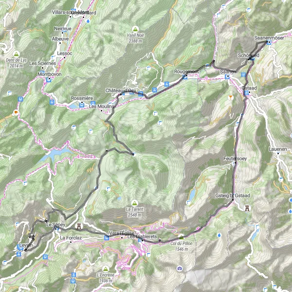 Miniaturní mapa "Trasa Saanenmöser a Gsteig b. Gstaad" inspirace pro cyklisty v oblasti Région lémanique, Switzerland. Vytvořeno pomocí plánovače tras Tarmacs.app