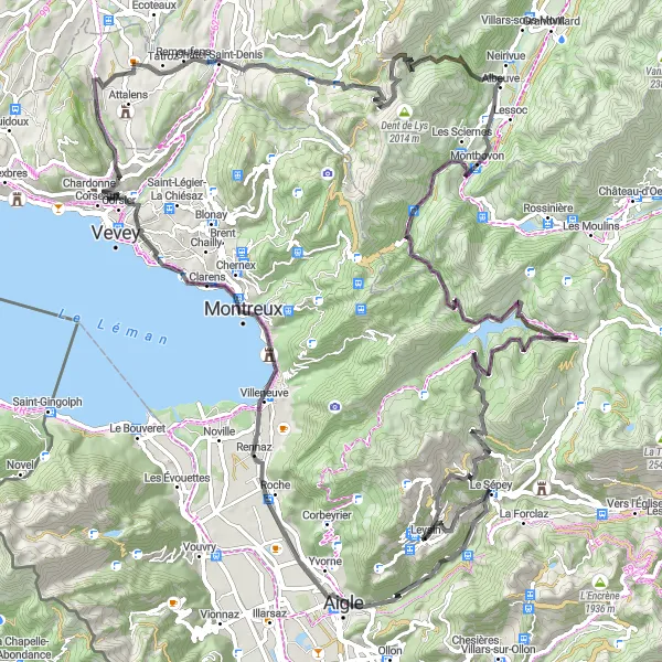 Karttaminiaatyyri "Mäkinen kierros Les Paccotsiin" pyöräilyinspiraatiosta alueella Région lémanique, Switzerland. Luotu Tarmacs.app pyöräilyreittisuunnittelijalla