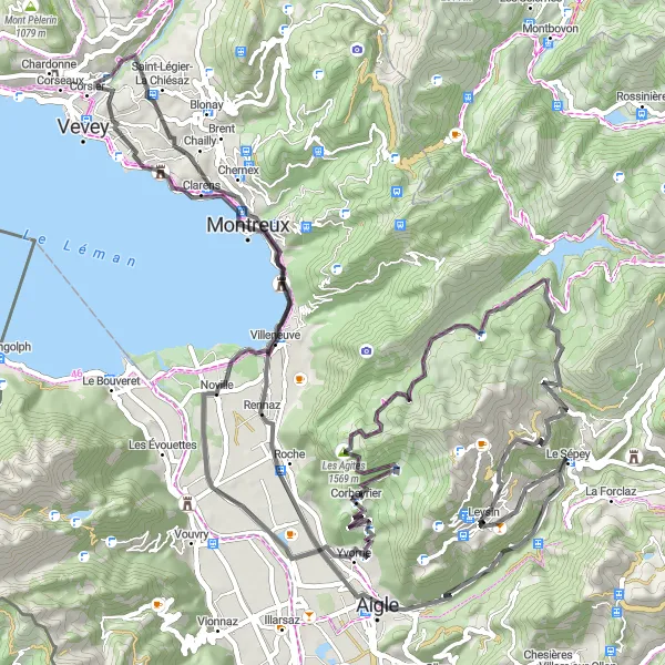 Zemljevid v pomanjšavi "Okrog jezera Ženeva" kolesarske inspiracije v Région lémanique, Switzerland. Generirano z načrtovalcem kolesarskih poti Tarmacs.app