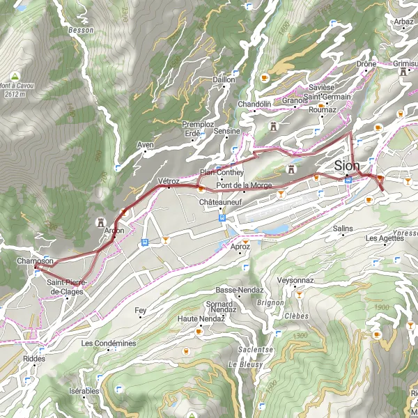 Map miniature of "Vétroz Loop Gravel Route" cycling inspiration in Région lémanique, Switzerland. Generated by Tarmacs.app cycling route planner