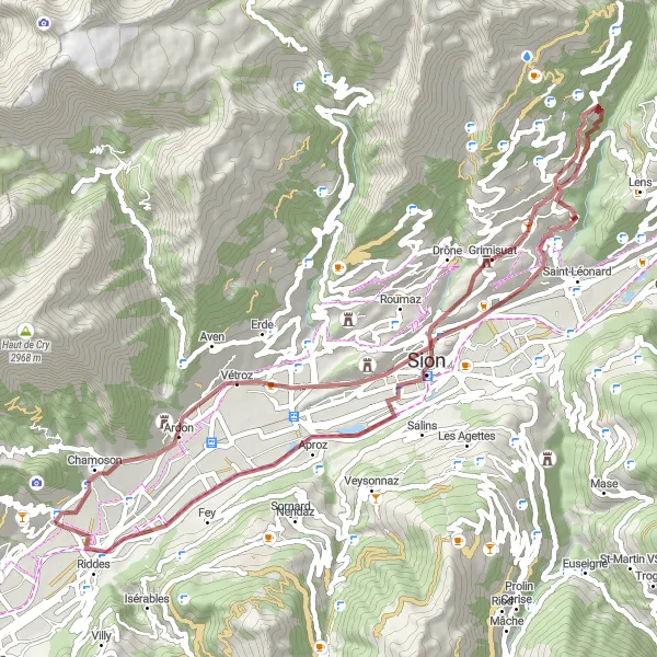 Miniaturekort af cykelinspirationen "Grusvejscykelrute fra Leytron" i Région lémanique, Switzerland. Genereret af Tarmacs.app cykelruteplanlægger