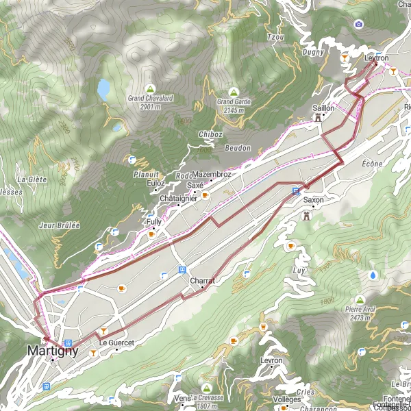 Karten-Miniaturansicht der Radinspiration "Gravelroute nach Branson und Charrat" in Région lémanique, Switzerland. Erstellt vom Tarmacs.app-Routenplaner für Radtouren