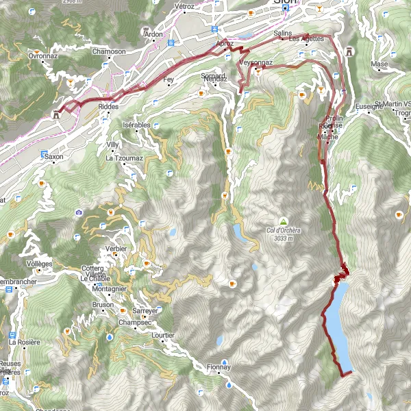 Miniaturekort af cykelinspirationen "Udfordrende Gravel Cykelrute til Hérémence og Tour Bayart" i Région lémanique, Switzerland. Genereret af Tarmacs.app cykelruteplanlægger