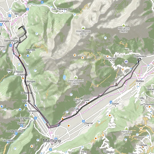 Miniatura della mappa di ispirazione al ciclismo "Giro tra Chamoson e Nopales" nella regione di Région lémanique, Switzerland. Generata da Tarmacs.app, pianificatore di rotte ciclistiche