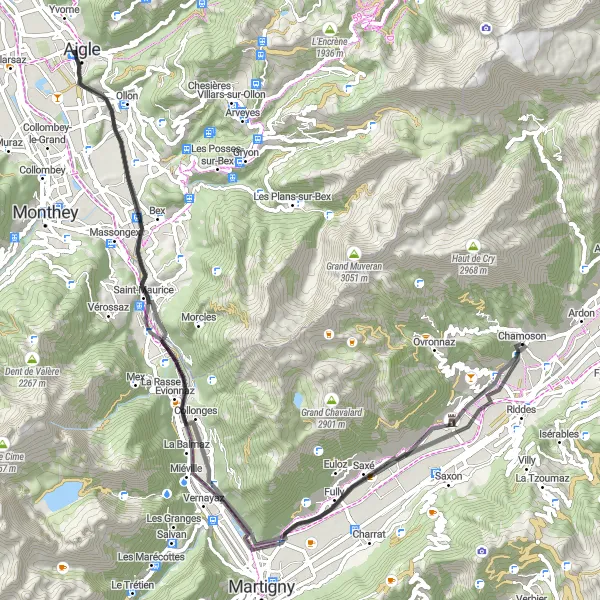 Miniaturní mapa "Poutavá cyklotrasa Leytron-Pilier de la Pissechèvre-Château de Saint-Maurice-Branson-Chamoson" inspirace pro cyklisty v oblasti Région lémanique, Switzerland. Vytvořeno pomocí plánovače tras Tarmacs.app