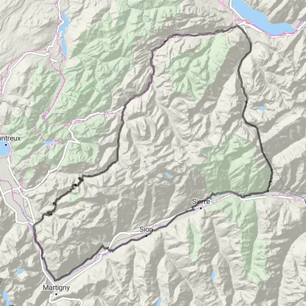 Miniaturní mapa "Les Diablerets a zpět do Leytron" inspirace pro cyklisty v oblasti Région lémanique, Switzerland. Vytvořeno pomocí plánovače tras Tarmacs.app