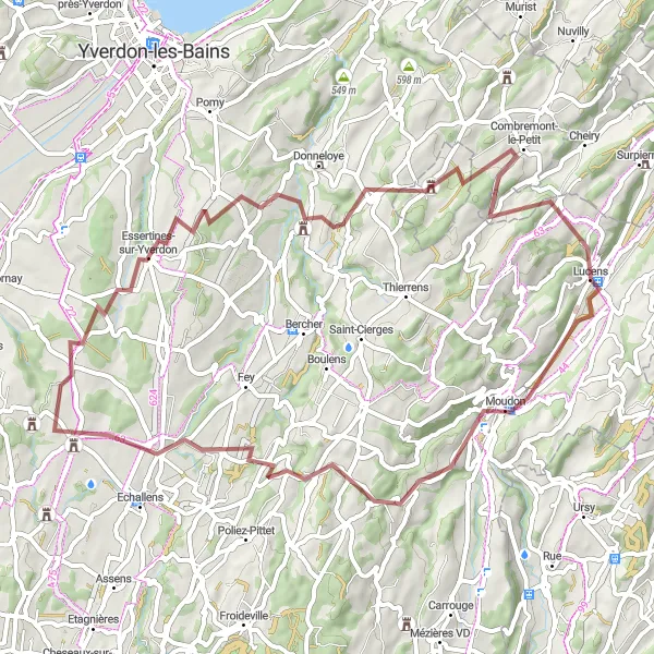 Miniatua del mapa de inspiración ciclista "Ruta de gravilla a través de Moudon" en Région lémanique, Switzerland. Generado por Tarmacs.app planificador de rutas ciclistas