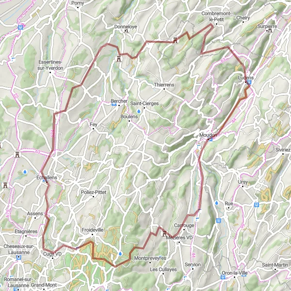 Miniatuurkaart van de fietsinspiratie "Schilderachtige Cugy VD Gravel Route" in Région lémanique, Switzerland. Gemaakt door de Tarmacs.app fietsrouteplanner