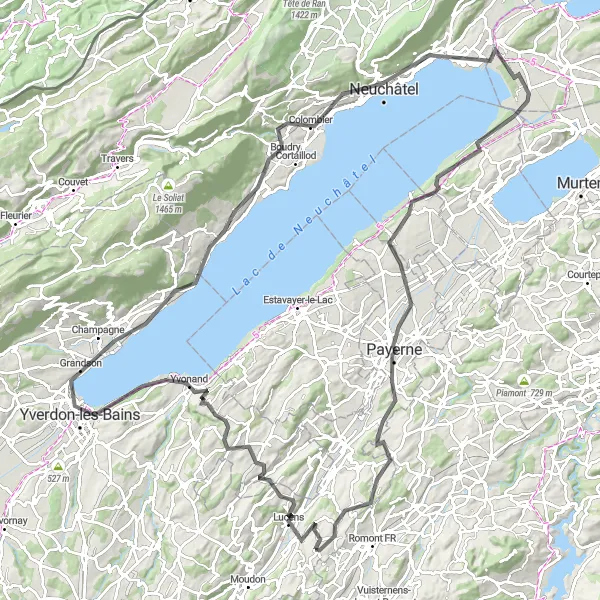 Karttaminiaatyyri "Yverdon-les-Bains ja Järvi Neuchâtelin ympäri" pyöräilyinspiraatiosta alueella Région lémanique, Switzerland. Luotu Tarmacs.app pyöräilyreittisuunnittelijalla