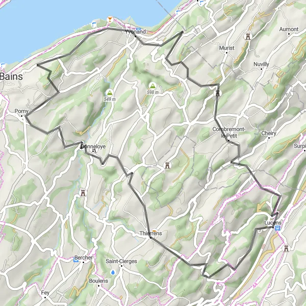 Miniatua del mapa de inspiración ciclista "Ruta en Carretera Bussy-sur-Moudon-Forel" en Région lémanique, Switzerland. Generado por Tarmacs.app planificador de rutas ciclistas