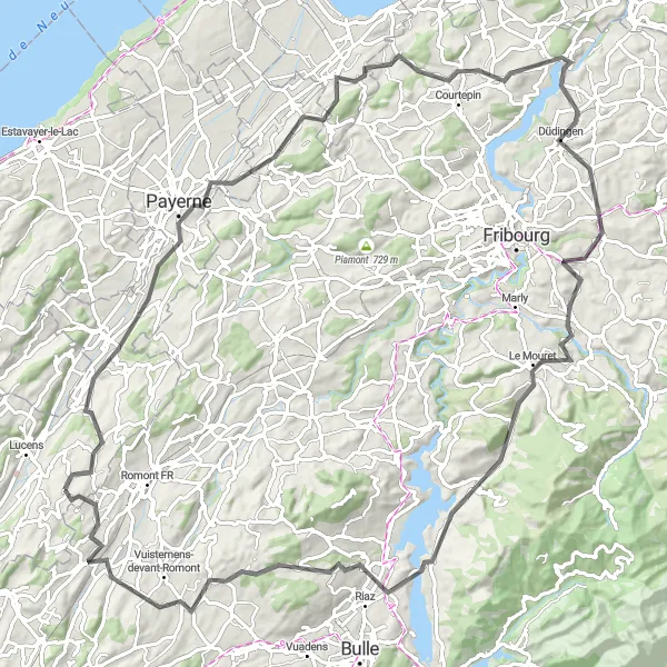 Kartminiatyr av "Payerne til Siviriez Oppdagelse" sykkelinspirasjon i Région lémanique, Switzerland. Generert av Tarmacs.app sykkelrutoplanlegger