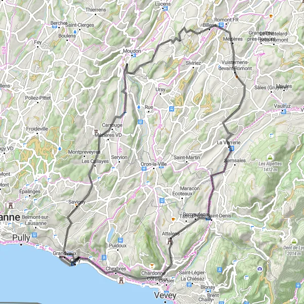 Zemljevid v pomanjšavi "Krožna kolesarska pot preko slikovitega podeželja z vinogradi" kolesarske inspiracije v Région lémanique, Switzerland. Generirano z načrtovalcem kolesarskih poti Tarmacs.app
