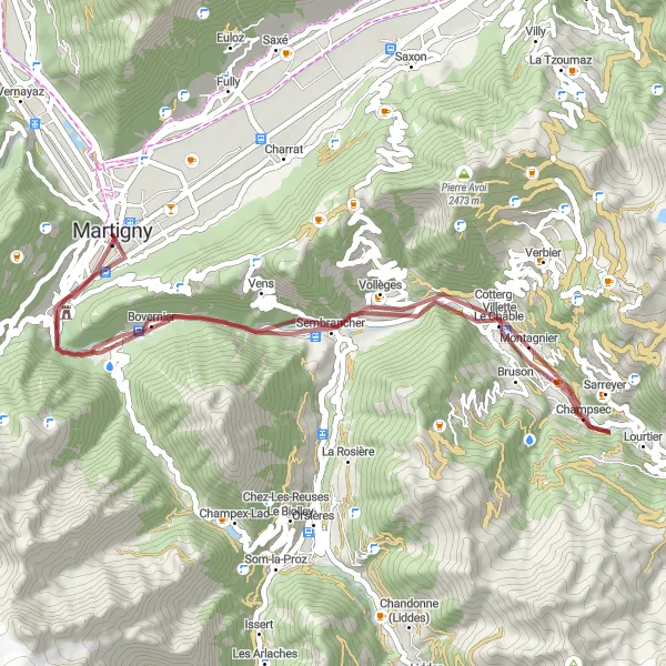 Miniatura della mappa di ispirazione al ciclismo "Giro Gravel Sembrancher-Roc Blanc-Bovernier-Château de la Bâtiaz" nella regione di Région lémanique, Switzerland. Generata da Tarmacs.app, pianificatore di rotte ciclistiche