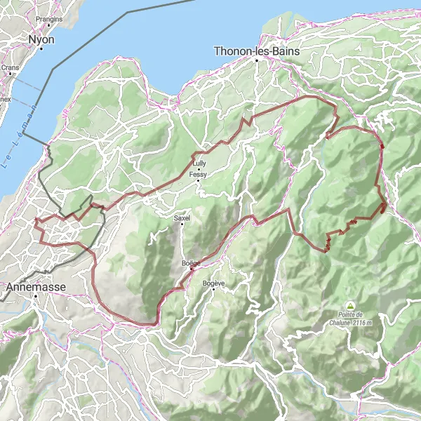 Kartminiatyr av "Gravel Adventure rundt Lémanique" sykkelinspirasjon i Région lémanique, Switzerland. Generert av Tarmacs.app sykkelrutoplanlegger