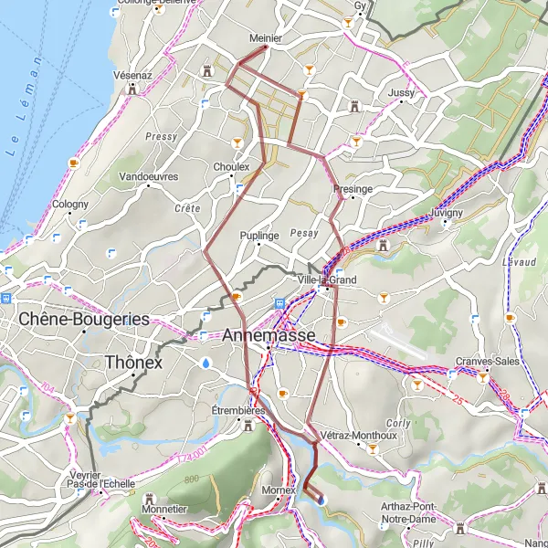 Map miniature of "Scenic Gravel Ride to Ville-la-Grand" cycling inspiration in Région lémanique, Switzerland. Generated by Tarmacs.app cycling route planner
