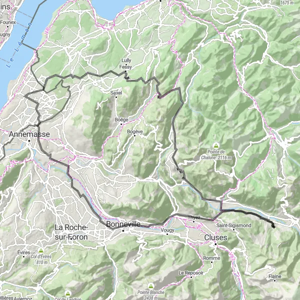 Map miniature of "Meinier - Chablais loop" cycling inspiration in Région lémanique, Switzerland. Generated by Tarmacs.app cycling route planner
