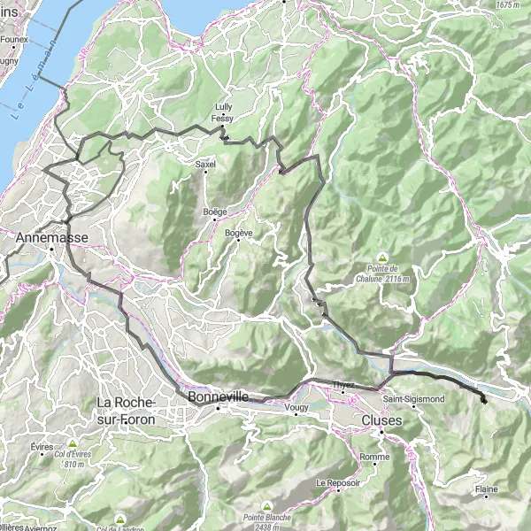 Karttaminiaatyyri "Kaunis kiertävä reitti Genevenjärven alueella" pyöräilyinspiraatiosta alueella Région lémanique, Switzerland. Luotu Tarmacs.app pyöräilyreittisuunnittelijalla