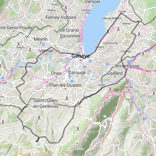 Miniatura della mappa di ispirazione al ciclismo "Giro panoramico dal confine francese a Ginevra" nella regione di Région lémanique, Switzerland. Generata da Tarmacs.app, pianificatore di rotte ciclistiche