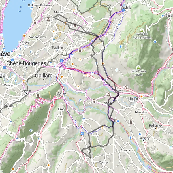 Zemljevid v pomanjšavi "Kolesarska pot skozi podeželje" kolesarske inspiracije v Région lémanique, Switzerland. Generirano z načrtovalcem kolesarskih poti Tarmacs.app