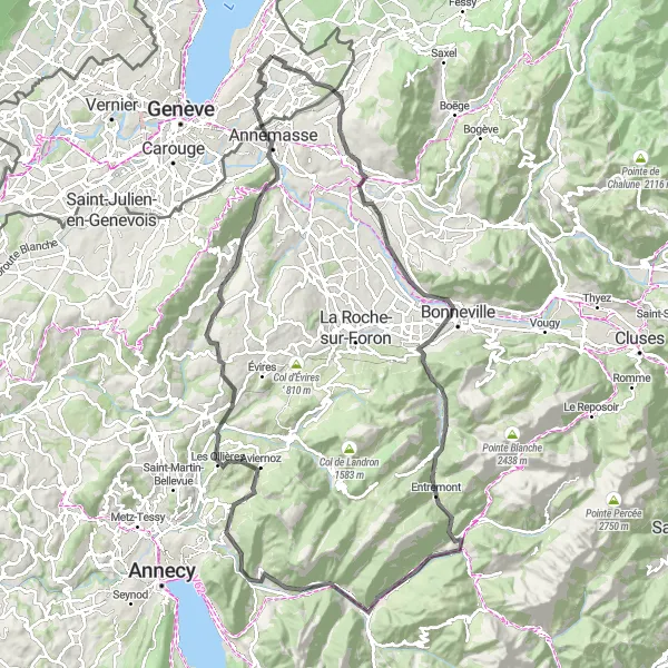 Map miniature of "Meinier to Bonneville Loop" cycling inspiration in Région lémanique, Switzerland. Generated by Tarmacs.app cycling route planner