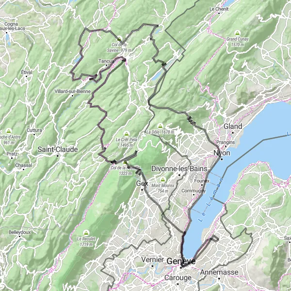 Zemljevid v pomanjšavi "Dolga cesta preko mejne regije" kolesarske inspiracije v Région lémanique, Switzerland. Generirano z načrtovalcem kolesarskih poti Tarmacs.app