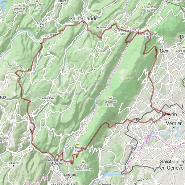 Zemljevid v pomanjšavi "Gravelna tura Saint-Jean-de-Gonville - Meyrin" kolesarske inspiracije v Région lémanique, Switzerland. Generirano z načrtovalcem kolesarskih poti Tarmacs.app