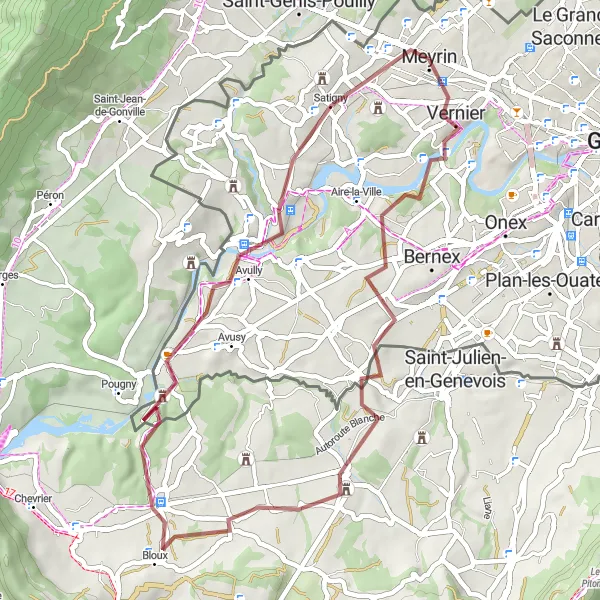Map miniature of "Exploring Vernier and beyond" cycling inspiration in Région lémanique, Switzerland. Generated by Tarmacs.app cycling route planner