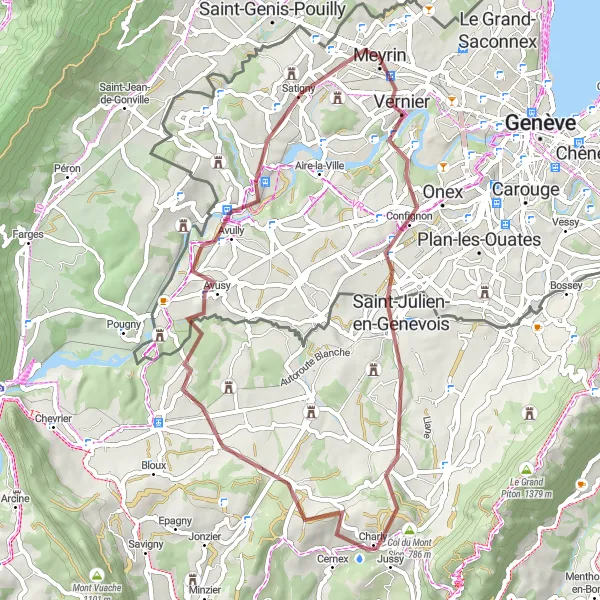 Map miniature of "Meyrin - Vernier - Col du Mont Sion - Meyrin" cycling inspiration in Région lémanique, Switzerland. Generated by Tarmacs.app cycling route planner