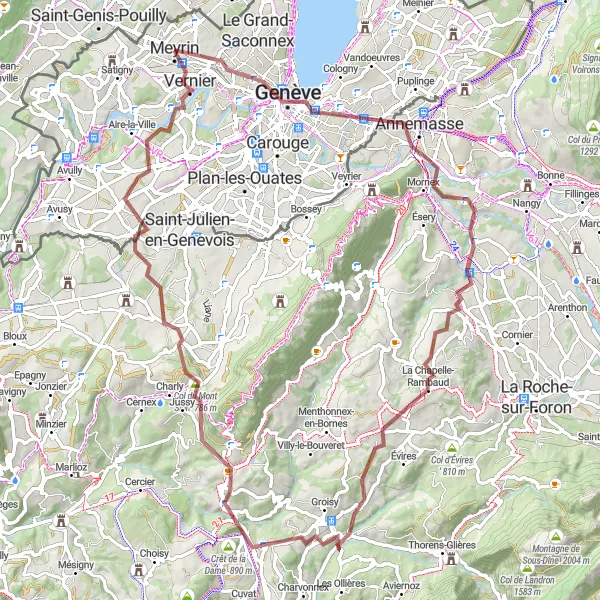 Map miniature of "Geneva and Beyond - A Gravel Adventure" cycling inspiration in Région lémanique, Switzerland. Generated by Tarmacs.app cycling route planner