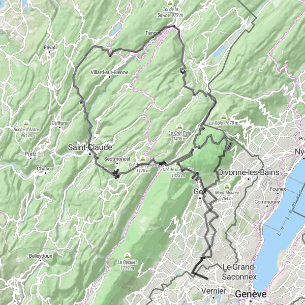 Mapa miniatúra "Road challenge through Jura Mountains" cyklistická inšpirácia v Région lémanique, Switzerland. Vygenerované cyklistickým plánovačom trás Tarmacs.app